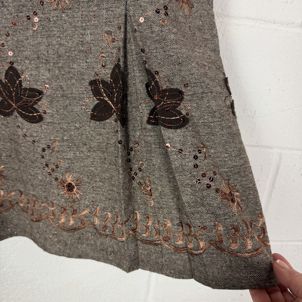 Womens Pleated Midi Skirt SZ 12 Brown Embroidery Sequins Celestial Academia Twee - Picture 6 of 14
